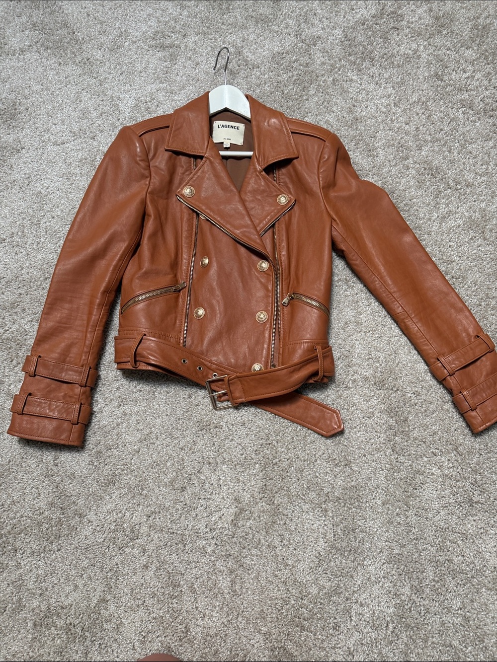 L'AGENCE Cognac Brown Leather Moto Jacket M